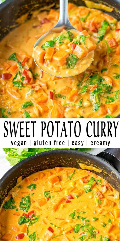 This Sweet Potato Curry is made in one pot and packed with flavor. A keeper that the whole family will love even pickiest kids. No one would ever tell it is naturally vegan. #vegan #glutenfree #dairyfree #vegetarian #dinner #lunch #mealprep #contentednesscooking #sweetpotatocurry #onepotmeals Sweet Potato Curry Vegan, Crockpot Healthy, Sweet Potato Curry, Resep Diet, Potato Curry, Tasty Vegetarian Recipes, Dinner Healthy, India Food, Recipes Crockpot