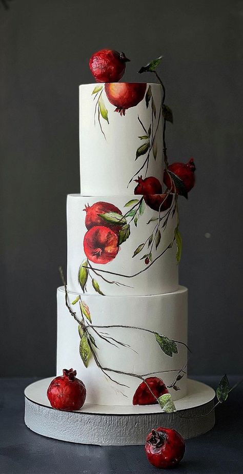 Celebration Cake Design, Pomegranate Cake Design, Painting Cake Ideas, Cake For An Artist, Men Cake Ideas, Man Cake Ideas, Painting On Cake, Painted Pomegranate, Cake Ideas For Boys