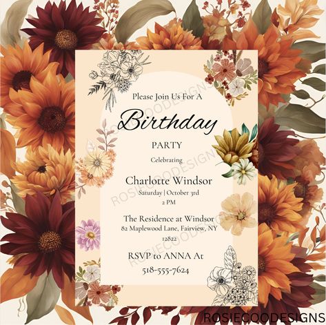 Fall Birthday Invitations, Autumn Birthday, Floral Birthday Invitations, Intimate Gathering, Fall Birthday Parties, Unique Fall, Floral Birthday, Invitation Floral, Botanical Design