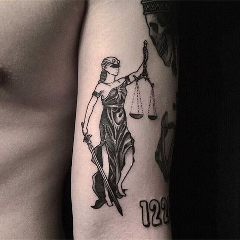 Lady Justice Tattoo, Nemesis Tattoo, Arm Wrap Tattoo, Coffin Tattoo, Tattoo Designs Drawings, Justice Tattoo, Geometric Line Tattoo, Medieval Tattoo, Wrap Tattoo