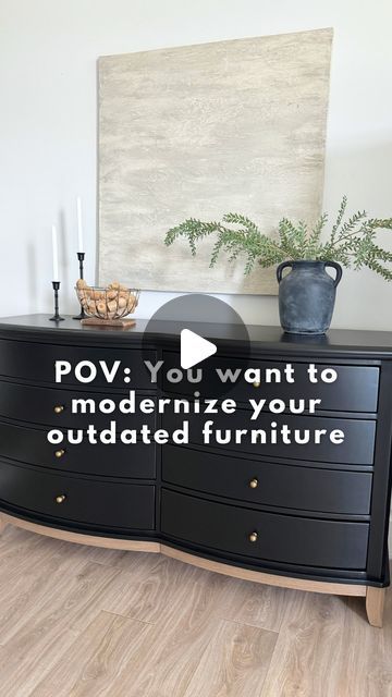 Jenna Townsend | Furniture Flips + DIY on Instagram: "POV: You want to modernize your outdated furniture & found my account 🫶   Comment DETAILS for a list of all the products I used (including the tan wash & stain).   (Paint Color: Wise Owl Jet Black)  #furnituremakeover #blackfurniture #diyproject #furnituredesign #modernfurniture #diyhomedecor #dressermakeover #blackpaint #povreels #trashtocash #sidehustle #paintedfurniture" Black Washed Furniture, Black Furniture Paint, Black Painted Furniture, Two Tone Cabinets, Black Furniture, Dresser Makeover, Wise Owl, Jet Black, Flipping Furniture