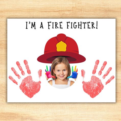 Need a cute Preschool firefighter craft? We've got you covered! Our hero handprint art makes for an easy and fun firefighter helmet keepsake when learning about community helpers! This firefighter baby handprint art is a great tool to use as preschool activities, or just fun at home! How it works: -Purchase -Download -Print -Cut out a photo and glue it on, or have your child draw a picture in that space instead! -Stamp child's handprints or footprints to create a cute keepsake! It's simple, and Preschool Firetruck Crafts, Fire Safety Crafts For Infants, Firetruck Activity For Toddlers, Family Craft For Toddlers, Preschool Firefighter Craft, Community Helper Art For Toddlers, Fire Safety Art For Toddlers, Fire Prevention Crafts For Toddlers, Firetruck Crafts For Preschool