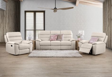 *Featuring 1 x 3 Seater with Inbuilt Recliners and 2 x Recliners, this sofa set ensures ultimate relaxation. The full foam seating guarantees comfort, while the 100% Corrected Grain Leather offers durability. Available in various colors like Grey, Chocolate, Deep Red, and more to suit your style. Safety precautions and assembly details can be found on our website. #sofa #recliner #leather #comfort #homefurniture #livingroom #interiordesign #relaxation #durability #style #assemblyrequired* White Recliner Living Room, Cottage Decorating, Recliner Couch, Lounge Suites, Living Room Sofa Design, Couch Chair, Leather Lounge, Leather Recliner, Decor Home Living Room