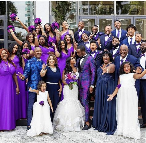 Love then purple base. I would add color for tropical feel Wedding Colors Black People, Royal Blue And Purple Wedding, Friendmas Party Ideas, Royal Purple Bridesmaid Dress, Blue And Purple Wedding, Bridal Party Photo Ideas, Black People Weddings, Bridesmaid Color Scheme, Brown Wedding Themes