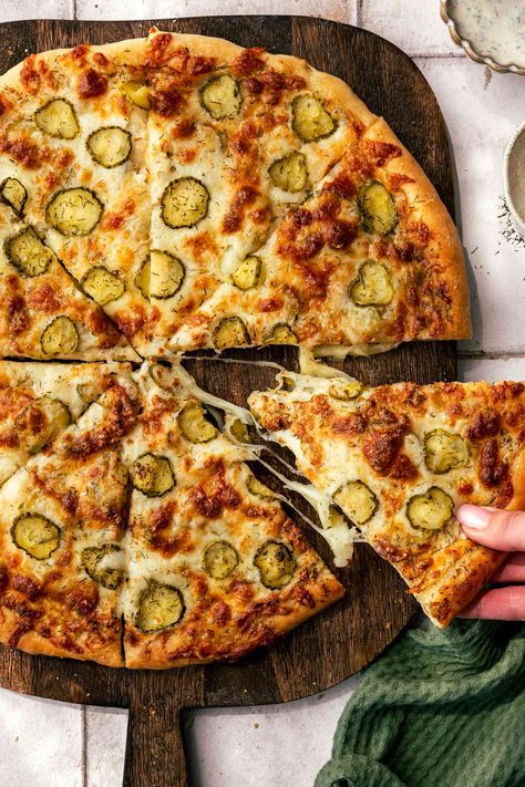 Pickle Pizza Recipe, Pickle Pizza, Pizza Sauces, Pineapple On Pizza, White Pizza Sauce, Dill Pickle Slices, Dinner Rotation, White Pizza, Pizza Ingredients