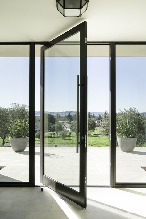 Glass Doors Exterior Entrance, Big Glass Doors Entrance, Black Glass Entrance Door, Aluminum Front Door Modern, Modern Glass Entry Door, Glass Pivot Front Door, Glass Pivot Doors Entry, Aluminum Windows Modern, Pivot Doors Entry Modern