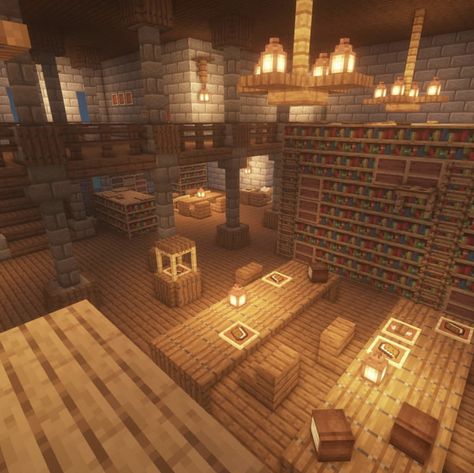 Minecraft Cute Town Ideas, Library Minecraft Ideas Outside, Minecraft Railing Ideas, Minecraft Dining Hall, Minecraft Inside House, Library Minecraft Build, Minecraft Interior Design Medieval, Minecraft Medieval Library, Minecraft Library Interior