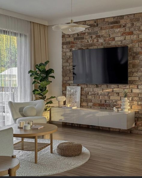 Brick Wall Living Room, Brick Living Room, Accent Walls In Living Room, White Living Room, Living Room Accents, Decoration Inspiration, Beautiful Living Rooms, Home Design Decor, Living Room Style