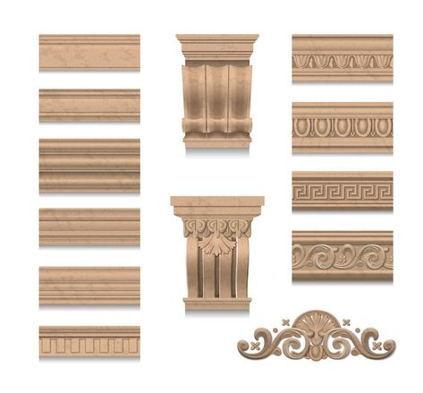 Wooden realistic elements of wall decora... | Free Vector #Freepik #freevector #column-pillars #antique #pillar #column Pillar Decor, Wooden Cornice, Latest Door Designs, Wall Dividers, Wall Decora, Cornice Design, Crown Moldings, Wooden Items, Dado Rail