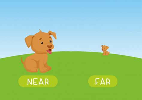 Near and far with a dog Premium Vector | Premium Vector #Freepik #vector #education #dog #cartoon #animal Near And Far Worksheets For Preschool, Alphabet Word Wall Cards, Opposites For Kids, Opposites Preschool, Cute Powerpoint Templates, Preposition Worksheets, Bahasa China, Opposite Words, Kids Worksheets Preschool