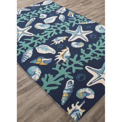 Highland Dunes Ismene Hand Hooked Blue/Ivory Indoor/Outdoor Area Rug Rug Size: Rectangle 5' x 7'6" Beachy Rugs, Coastal Rug, Coastal Area Rugs, Coral Pattern, Jaipur Rugs, Surf Design, Coastal Rugs, Coastal Bedrooms, Ocean Creatures