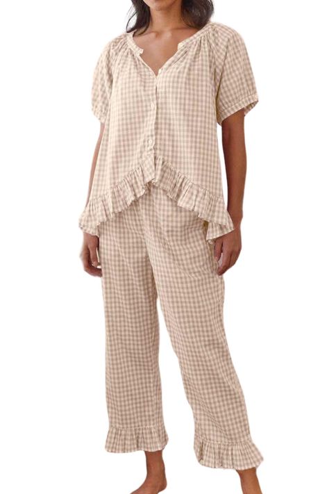 PRICES MAY VARY. ♥Material:This gingham lounge set is made of high-quality fabric. It is soft, skin-friendly, and stretchy. Y2K plaid pajama set is relaxed fit and comfortable to wear ♥Features:Women 2 piece loungewear set, cute and classic plaid pattern, button down shirt with short sleeve,chic ruffle hem,v-neck, cropped length, matching with high wiast wide leg lounge pants, two piece gingham set for women. ♥Versatile Occasions:Women ruffle pajama set, cute pajamas perfect for daily casual, ni Getting Ready Wedding Pajamas, Sew Pajamas, Amazon Pajama Sets, Cottage Core Pajamas, Bridal Pajama Set, Plus Size Pajamas For Women, Elevated Mom Style, Bridesmaids Pajamas, Grace And Frankie Wardrobe