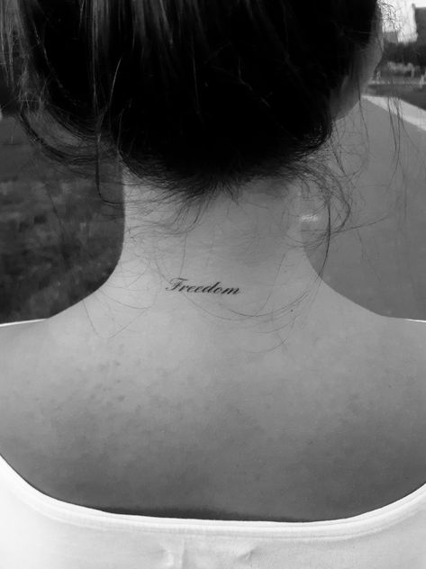 Back Of Neck Word Tattoo, I Win Tattoo, Lower Neck Tattoo Women, Behind Neck Tattoo Woman, Simple Neck Tattoos, Neck Tattoo Women, Placement Tattoo, Freedom Tattoo, Tattoos For Women Small Meaningful