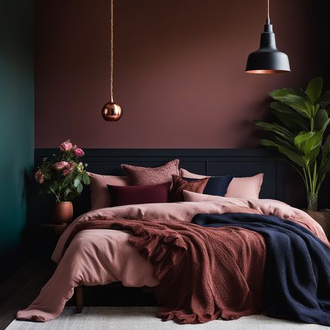 🌑🛌 Get lost in this moody romantic bedroom with its deep hues and subtle luxury. Matte black walls and plush pink linens create a cozy yet sophisticated vibe. Copper accents & a pop of floral colors bring warmth. Perfect for those who love a dark, elegant bedroom escape! 🌺✨💤 #BedroomGoals #MoodyRomantic #DarkElegance #odastudioAI #odaAIstudio #odastudio  #bedroomdecor #bedroomideas #bedroomstyle #masterbedroom #cozybedroom #bedroomdesign #beddingideas #bedroominspiration #modernbedroom #bedroomfurniture  #darkfemininebedroom #moodybedroom #moodyromanticbedroom #darkfeminineroom #darkcozybedroomideasromantic #elegantbedroom  odastudioai Oda AI studio Dark And Colorful Bedroom, Mauve Moody Bedroom, Mauve Blue Bedroom, Deep Pink Bedroom Walls, Bedroom Mauve Walls, Dark Dusty Pink Bedroom, Cozy Bedroom No Windows, Deep Pink Room, Mauve Bedroom Aesthetic