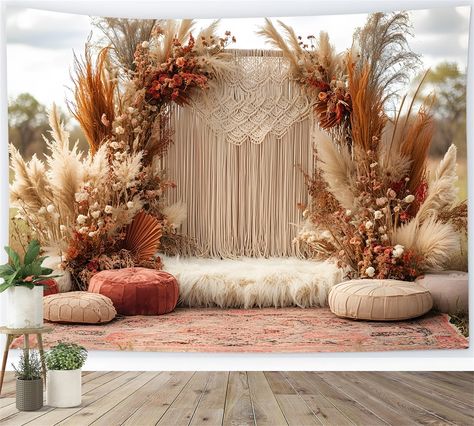 Boho Pampas Macrame Wedding Backdrop RR8-412 – Dbackdrop Baby Shower Summer, Summer Photo Shoot, Boho Wedding Arch, Boho Photography, Boho Party Decorations, Jasmine Wedding, Boho Backdrop, Macrame Wedding Backdrop, Backdrop Stands