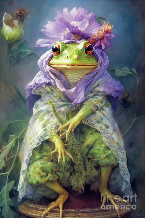 Frog Queen, Funny Frogs, Frog Art, Gerbera Daisy, A Frog, Frog And Toad, Cute Creatures, Amphibians, Animal Paintings