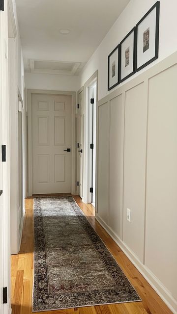 Board And Batten Hallway, Hallway Makeover, Kitchen 2024, Narrow Hallway Decorating, Upstairs Hallway, Hallway Design, Flooring Inspiration, Board And Batten, Updating House