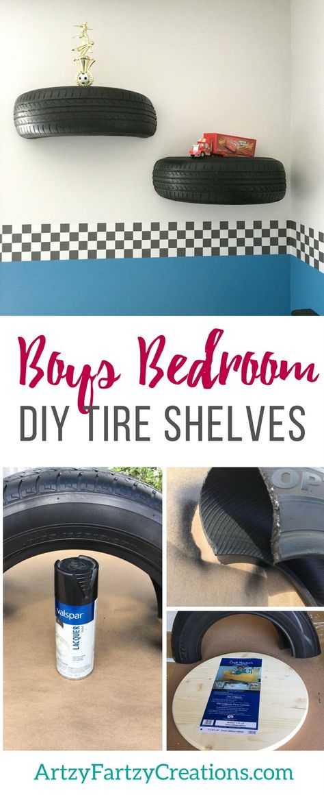 DIY Tire Shelves for a Racing Themed Boys Bedroom by Cheryl Phan | Lightening McQueen Cars Bedroom ideas | Wall Shelves Race Car Room Ideas, Lightening Mcqueen Bedroom, Cars Bedroom Ideas For Boys, Monster Truck Bedroom Ideas, Car Bedroom Ideas For Boys, Cars Bedroom Ideas, Nascar Room, Racing Bedroom, Racing Room