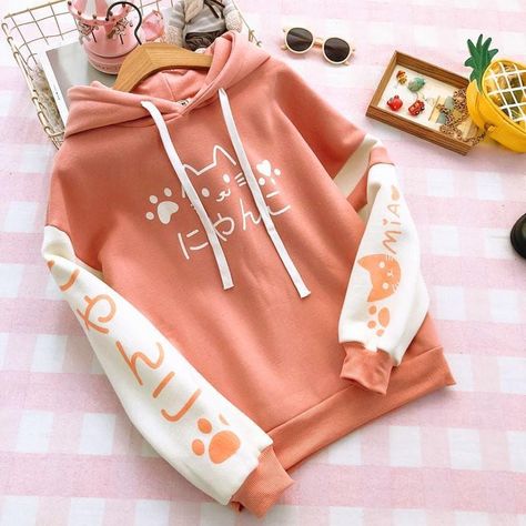 Material:cotton  Color：Pink/Navy Size:Length 62 cm,bust 104 cm,shoulder 59 cm ,sleeve 42 cm. Shipping: Free Shipping Worldwide for order over 15$, 7-15 days delivery to US/UK/CA/AU/FR/DE/IT and most Asia Countries Anting Manik, Kawaii Sweater, Kawaii Hoodie, Style Kawaii, Stylish Hoodies, Parcel Delivery, Lovely Cat, Hoodie Jumper, Kawaii Fashion Outfits