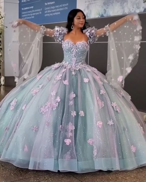 Blue Pink And Purple Quince Dress, Multicolored Quinceanera Dresses, Ariel Sweet 16, Fairytale Quince Dress, Quince Dresses Pastel, Blue And Pink Quince Dress, Quinceanera Dresses Pastel, Purple And Blue Quinceanera Dresses, Quince Dresses Butterfly