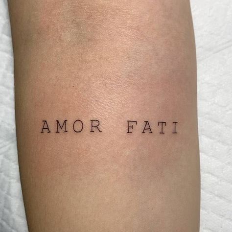 Amor Tatoos Word, Latin Font Tattoo, Type Writing Tattoo, Novo Amor Tattoo, Amor Fati Tattoo Men, Amore Fati Tattoo, Amor Fati Tattoo Fonts, Amor Fati Quote, Latin Tattoo For Men