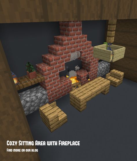 Sitting Area Minecraft, Cottage Minecraft Interior, Minecraft Sitting Area, Minecraft Fireplace Design, Minecraft Fireplace Ideas, Fun Minecraft Builds, Fireplace Minecraft, Minecraft Fireplace, Old Minecraft