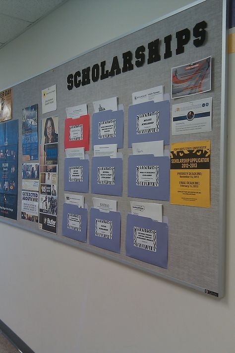 A great idea for a scholarship information bulletin board - make pockets out of folders and place on the bulletin board so students can grab applications/information as they need it. High School Counseling Bulletin Boards, College Counseling Office, High School Counseling Office, Information Bulletin Boards, Wellness Office, School Counselor Bulletin Boards, Avid Strategies, School Counseling Bulletin Boards, Guidance Office