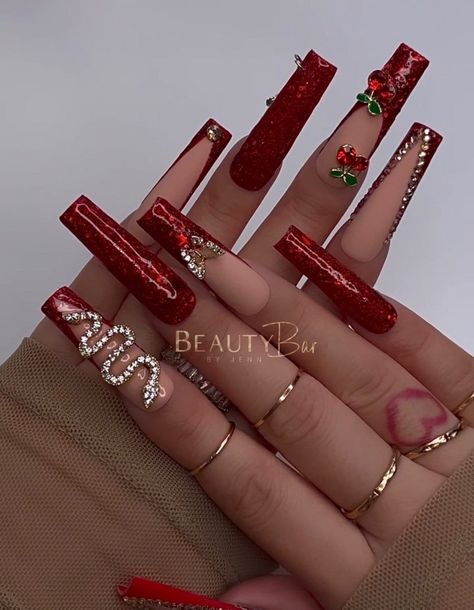 PRETTY IN RED 2XL Square Press on Nails 3XL Nails Rhinestone Nails Cherry and Butterfly Glue on Nails - Etsy Red Acrylic Nails With Charms, Red And Gold Acrylics, Red Long Nails Designs, Nails For Prom Red Dress, Red Baddie Nails Acrylic, Red Blinged Out Nails, Latina Nails Red, Red Junk Nails, Red Glam Nails