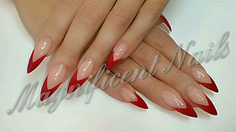 Trendy Nails Stiletto, Talon Nails, Red French Tip, Red Stiletto Nails, Red And White Nails, Ring Finger Nails, Pointy Nails, Edge Nails, Nails Stiletto