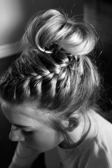 Dance Hair: Braided Messy Bun Tutorial | Sand Sun & Messy Buns Braided School Hairstyles, Bun With Braid, Recital Hair, Messy Bun With Braid, Updo Bun, Hair 2016, Gymnastics Hair, Dance Hair, Messy Bun Tutorial