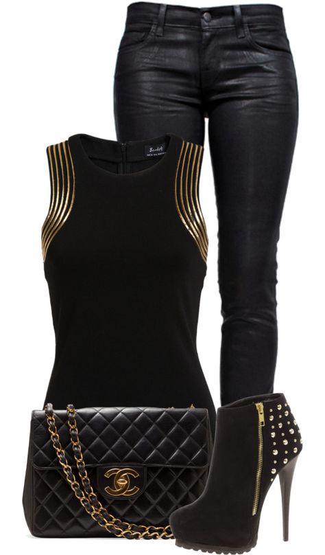 "Gold and Black" by fashion-766 on Polyvore Clothes Casual Outift for • teens • movies • girls • women •. summer • fall • spring • winter • outfit ideas • dates • parties Polyvore :) Catalina Christiano Black Mode, Fashion Pic, Pastel Outfit, Night Out Outfit, Fashion Night, Looks Chic, Mode Inspiration, Coco Chanel, Wearing Black