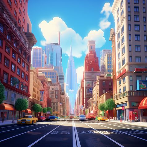 cartoon place, pixar animation, 3d, cartoon New York Concept Art, Cartoon City Background, Art Proposal, City Isometric, Buildings Aesthetic, Ariel Drawing, Cartoon City, Pixar Animation, Drawing Architecture