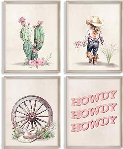 MOCVSWO Western Howdy Cowgirl Cowboy Hat Cactus Desert Wall Art Prints for Cowgirl Nursery Decor And Kids Room Girs Room Decoration,Set Of 4(8''x10''Inches,Unframed). Cowgirl Nursery Ideas, Boho Cowgirl Nursery, Cow Themed Nursery Girl, Western Toddler Girl Room, Neutral Cowgirl Nursery, Pink Cowgirl Nursery, Western Nursery Girl, Girl Western Nursery, Wild Flower Nursery Western