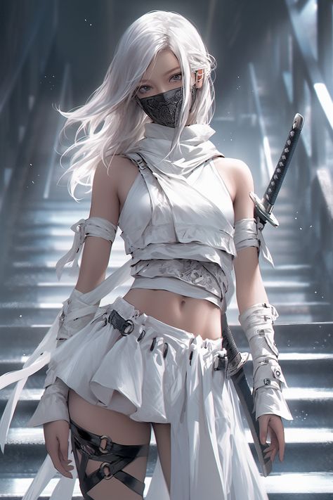 Female Assassin Outfits Anime, Anime Ninja Female, Ninja Outfit Female, Anime Warrior Female, Female Warrior Outfit, White Ninja, Female Ninja, Warrior Outfit, Ninja Girl