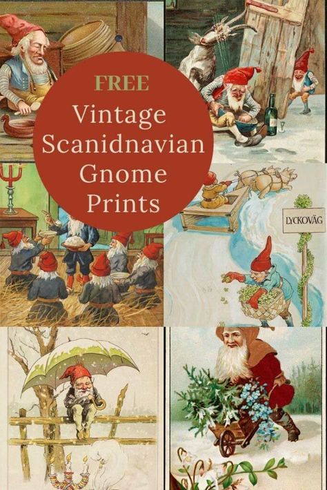 A fun collection of vintage illustrations of Scandinavian gnomes. These Christmas gnomes are also known and Nisse and Tomte. #gnomes #tomte #nisse Vintage Labels Printables Free, Yule Goat, Gnome Pictures, Christmas Graphic Design, Gnomes Christmas, Japan Illustration, Vintage Reindeer, Free Vintage Printables, Graphic Design Cards