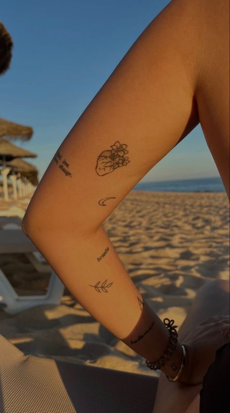 Doja Cat Inspired Tattoo, Scattered Sleeve Tattoo Women, Small Tatoos Arms Women, Under Elbow Tattoo, Patchy Sleeve Tattoo Women, Scattered Tattoos Sleeve Women, Thick Line Tattoos, Maching Tattoos, Small Girly Tattoos