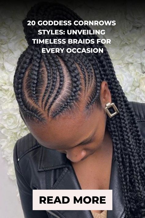 Close-up of an intricately braided hairstyle with a banner headline about goddess cornrow styles. Goddess Cornrow Braids, Cornrows With Natural Hair, Goddess Braids Cornrows, Trending Cornrows, Black Braid Hairstyles, Goddess Cornrows, Goddess Braid Ponytail, Two Cornrow Braids, Kids Cornrow Hairstyles