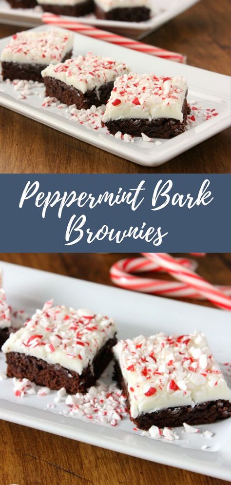 Peppermint bark brownies on a white rectangular serving tray. Peppermint Desserts Easy, Holiday Brownie Recipes, Peppermint Bark Brownies, Peppermint Brownies Recipe, Holiday Brownies, Chocolate Peppermint Brownies, Peppermint Dessert, Crushed Peppermint, Peppermint Fudge