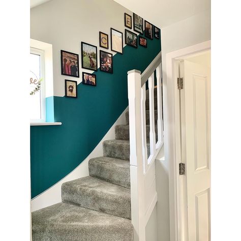 such an easy way to give your staircase a bit of excitement.  The paint is from #grahamandbrown #whaletail  Fantastic colour and paint! Half Wall Paint Stairs, Hallway Split Colour, Staircase Wall Design Paint, Painting Ideas For Hallway Walls, Staircase Colour Ideas Stairways, Half And Half Hallway, Half Wallpaper Half Paint Hallway, Half Wall Painted Stairs, Half Painted Stairs Wall