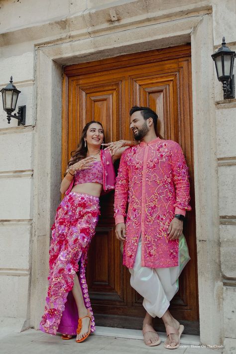 Rhea and Ashwin, Ciragan Palace Kempinski, Turkey | WeddingSutra Couple Dresses For Engagement Indian, Dress For Engagement Indian, Pink Couple Outfit, Wedding Outfits Bride And Groom, Wedding Mens Wear, Groom Outfit Indian, Haldi Function Decoration, Haldi Ideas, Engagement Indian