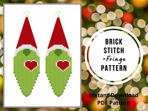 Brick Stitch Christmas, Fringe Earrings Pattern, Gnome Earrings, Seed Bead Projects, Motifs Perler, Halloween Beads, Brick Stitch Earrings, Brick Stitch Pattern, Christmas Green