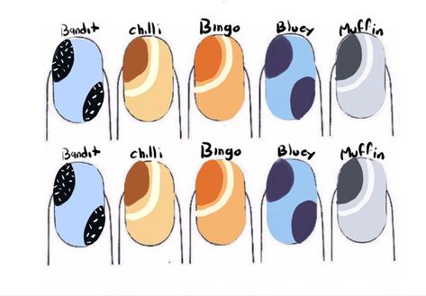 Bluey Show Nails, Bluey Cartoon Acrylic Nails, Bluey Nails Design, Bluey Bingo Inspired Nails, Bluey And Bingo Nail Ideas, Bluey Theme Nails, Bluey Cartoon Nail Art, Bluey Cartoon Nail Designs, Bluey Bingo Nails