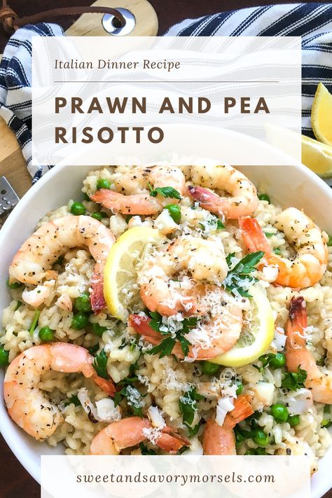 Shrimp And Pea Risotto, Mediterranean Prawn Recipes, Mediterrean Dinner, Prawn And Rice Recipes, Prawn Risotto Recipe, Prawn Rice Recipes, Prawns And Rice, Prawn And Pea Risotto, Farming For Beginners