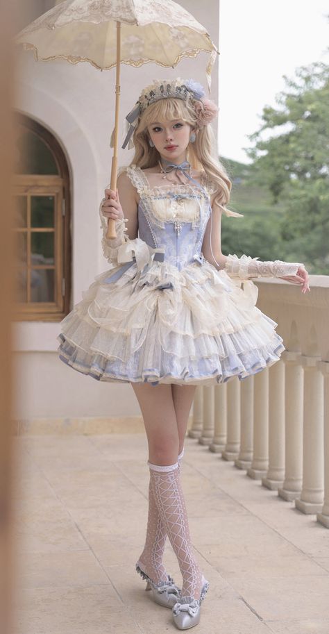 The Nine Songs -Misty Blue Moonlight- Lolita Top Wear, Blouse and Skirts Kawaii Outfit Ideas, Dolly Dress, Lolita Outfits, Frilly Dresses, Kawaii Dress, Kawaii Fashion Outfits, Girly Dresses, Harajuku Fashion, Lolita Dress