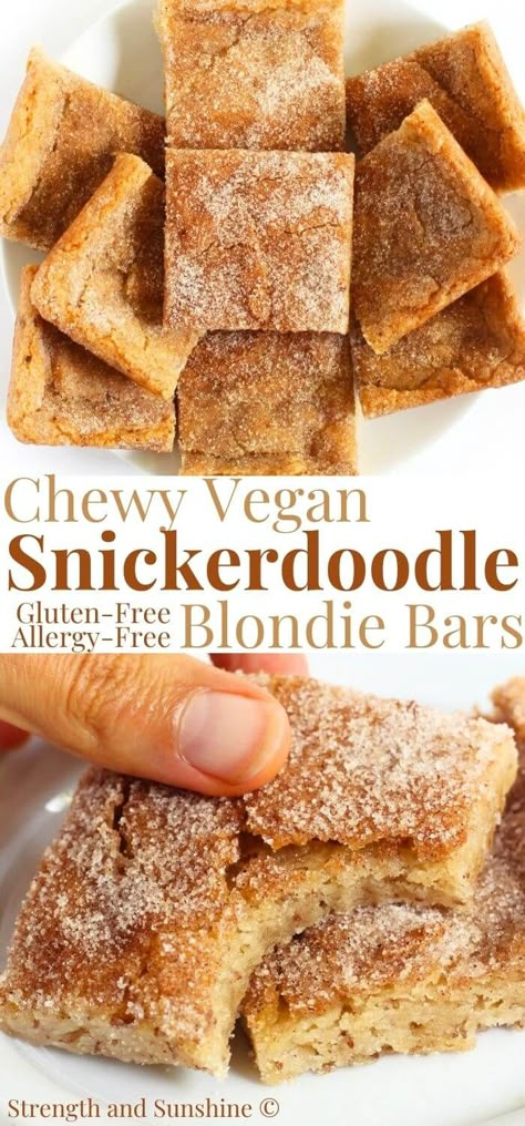 Snickerdoodle Blondies (Gluten-Free, Vegan) | Strength and Sunshine | These chewy Snickerdoodle Blondies are gluten-free, vegan, and just 9 ingredients! A quick and easy dessert that's perfect for the holidays with all the sweet, cinnamony, tangy, and buttery flavors you love! Eggless and allergy-free snickerdoodles in bar form with a crisp cinnamon sugar top that's even more delicious than the classic cookie! Snickerdoodle Cookie Bars, Snickerdoodle Blondies, Snickerdoodle Bars, Easy Dessert Bars, Vegan Bars, Clean Eating Dinner Recipes, Healthy Christmas Recipes, Snickerdoodle Cookie, Vegan Bar