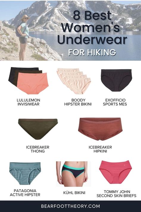 Best Hiking Underwear for Women that Stay Put & Wick Sweat – Bearfoot Theory Backpacking Clothes Women Hiking, Homestead Clothing, Hiking Essentials For Women, Moisture Wicking Clothes, Fall Camping Outfits, Hiking Gear Women, Banff Trip, Hiking Attire, Hiking Ideas