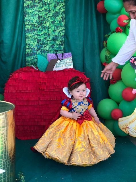 Snow White Birthday Party 1 Year, Snow White One Year Birthday, Snow White Hairstyle For Kids, Baby Snow White Birthday Party, Snow White 1st Birthday Party Ideas, Snow White Birthday Theme, Princess Birthday Photo Shoot, Fairest One Of All Birthday, Snow White 1st Birthday Party