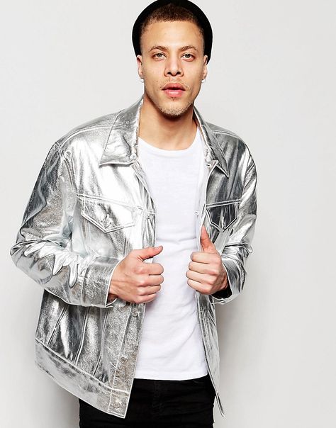 Silver Jacket Outfit, Black And Silver Outfits, Denim Outfit Men, Party Outfit Men, Silver Outfits, Silver Shirt, Hoodie Jacket Men, Silver Jacket, Metallic Jacket