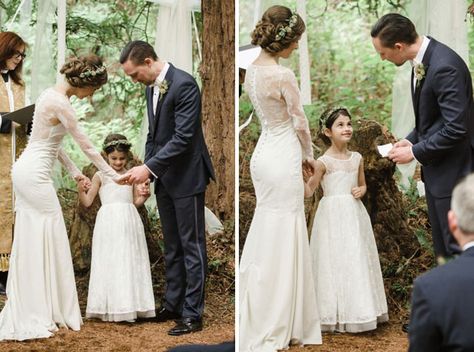 Such a great way to include your little one in your wedding. Family Engagement Pictures With Kids, Vow Renewal With Kids, Kids In Wedding, Vows To Husband, Blended Family Wedding, Wedding Vows To Husband, Jewelry Bride, Wedding Ceremony Ideas, Second Wedding