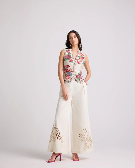 IVORY CUTWORK FLARED PANTS | C H A N D R I M A Outfits In India, Daily Wear Outfits, Long Skirt Top Designs, Long Skirt And Top, Androgynous Outfits, Coord Sets, Dress Designing, Indian Outfits Lehenga, Cowl Dress